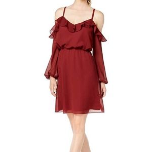 New Adrianna Papell Sz 10 Ruffled Cold Shoulder Dress Mini Chiffon Red Maroon